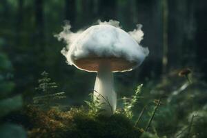 fantasi svamp med molnig keps i mörk magi skog. generera ai foto