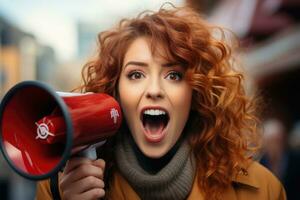 porträtt av en ung kvinna skrikande genom en megafon. ai genererad foto