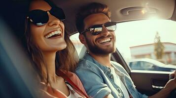 transport, väg resa, teknologi och människor begrepp - leende par körning i bil, resa begrepp. generativ en foto