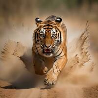 porträtt av tiger löpning, jagar, byte, generativ ai foto