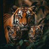 stänga upp porträtt av tiger familj, mor och ungar, generativ ai foto