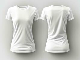 enkel vit kvinnors t-shirt attrapp design, främre och tillbaka se, isolerat på vit bakgrund, generativ ai foto