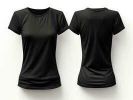 enkel svart kvinnors t-shirt attrapp design, främre och tillbaka se, isolerat på vit bakgrund, generativ ai foto