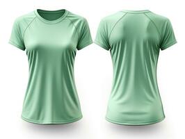 enkel ljus grön kvinnors t-shirt attrapp design, främre och tillbaka se, isolerat på vit bakgrund, generativ ai foto