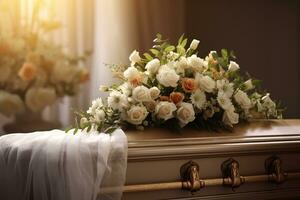 vit Kista med blommor. de begrepp av begravning. ai genererad foto