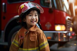porträtt av en söt liten asiatisk flicka bär en brandman enhetlig ai genererad foto