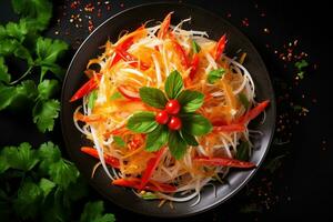 thai mat as tum, kryddad grön papaya sallad.top se ai genererad foto