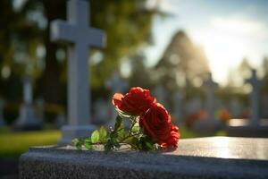 röd ro på en grav på en kyrkogård under de solnedgång med kopia Plats ai genererad foto