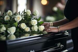 närbild av en kvinnas hand placering en bukett av vit ro i en kista.begravning begrepp ai genererad foto