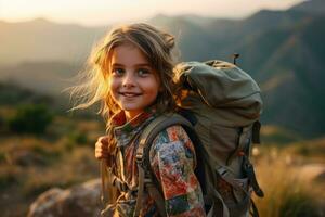 liten flicka med ryggsäck vandring på berg topp på solnedgång, resa och äventyr begrepp ai genererad foto