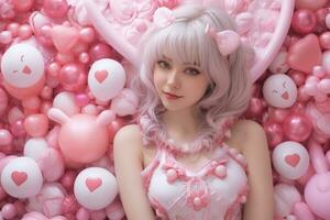 skön flicka i en rosa badkar med rosa hjärtan och ballonger.valentin begrepp ai genererad foto