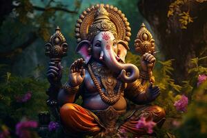 hindu Gud ganesha med blommor ai genererad foto