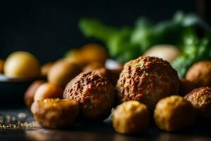 få en stänga upp se av falafel, med en Söt suddigt bakgrund skapas förbi en förfalska kreativ resurs, ai genererad foto