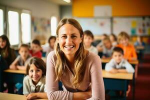 en lärare leende i en klassrum med elementry skola barn i de bakgrund. ai generativ foto