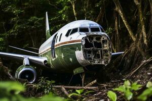 en stranded flygplan i de jungle.ai generativ foto