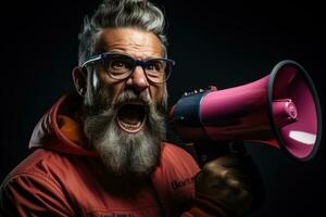 porträtt av arg senior man i röd luvtröja skrikande genom megafon isolerat på grå. ai genererad foto
