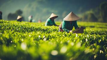 te plockning på de te plantage på de stad av mae salong norr av de stad chiang rai i norr thailand. generativ ai foto