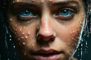 en våt ansikte av ett attraktiv kvinna stänga upp med vatten drops.ai generativ foto