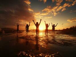 silhuett av grupp av vänner Hoppar på de strand, i de vatten, på solnedgång. ai genererad foto
