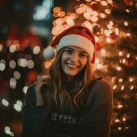 en flicka bär en santa hatt och en grå Tröja, stående i främre av en jul träd dekorerad med röd och guld ornament, jul dekorationer och lampor - ai generativ foto