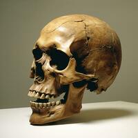 en Foto realistisk bild av en mänsklig skalle på en vit yta, gammal brun skalle - ai generativ