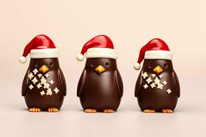 choklad jul pingviner med ätlig scarf och hatt isolerat på en lutning bakgrund foto