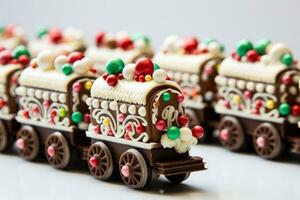 stänga upp av detaljerad choklad jul tåg med godis accenter isolerat på en vit bakgrund foto