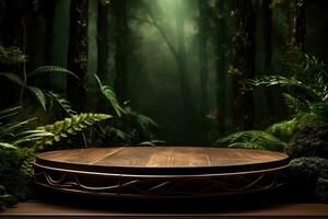 ett tömma trä- podium med en skog backdrop.ai generativ foto