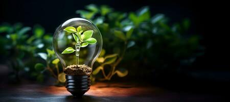 eco vänlig glödlampa från färsk löv topp se, begrepp av förnybar energi och hållbar levande. generativ ai foto