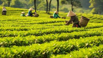 te plockning på de te plantage på de stad av mae salong norr av de stad chiang rai i norr thailand. generativ ai foto