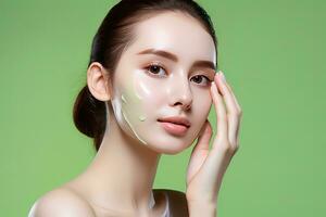 skön ung kvinna med kosmetisk mask på ansikte. hudvård begrepp. generativ ai foto