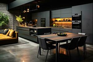 lyx kök interiör design med svart väggar, betong golv, mörk trä- bänkskivor, svart skåp och dining tabell med svart stolar. generativ ai foto