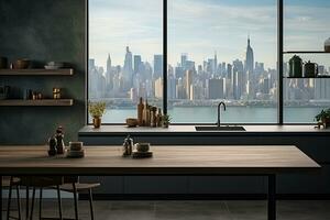 lyx kök interiör med vit marmor bänkskiva, handfat och fönster med panorama- se. generativ ai foto