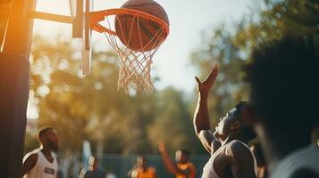 ung afrikansk amerikan man spelar basketboll på solnedgång. sport och aktiva livsstil begrepp. generativ ai foto