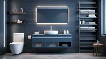 interiör av modern badrum med blå bricka väggar, kaklade golv, bekväm badkar och handfat med spegel. generativ ai foto