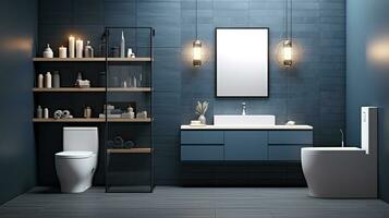 interiör av modern badrum med blå bricka väggar, kaklade golv, bekväm badkar och handfat med spegel. generativ ai foto
