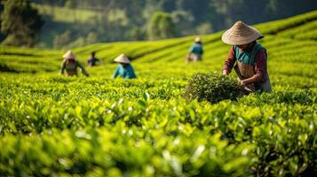 te plockning på de te plantage på de stad av mae salong norr av de stad chiang rai i norr thailand. generativ ai foto