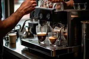 Barista framställning kaffe i kaffe maskin. Barista framställning kaffe i kaffe affär. generativ ai foto