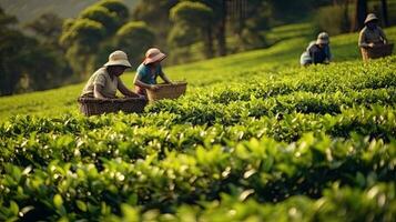 te plockning på de te plantage på de stad av mae salong norr av de stad chiang rai i norr thailand. generativ ai foto