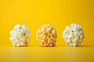 Foto av popcorn på gul bakgrund minimalism. hög kvalitet. ai generativ