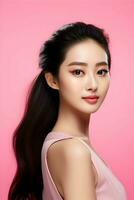 en ung asiatisk skönhet kvinna drog tillbaka henne hår på de rosa bakgrund. hög upplösning. ai generativ foto