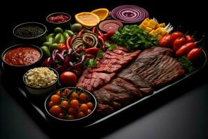 en grill med en mängd av kött på den med grönsaker. hög kvalitet. ai generativ foto