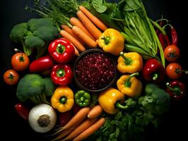 topp se frukt och grönsaker med källor. hög upplösning. ai generativ foto