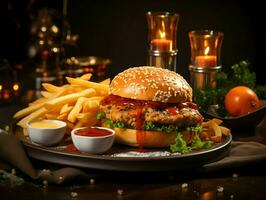 kyckling burger med Cheddarost eras med franska pommes frites. hög upplösning. ai generativ foto