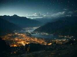 närbild filmiska skott nattetid i de stad i berg. hög kvalitet. ai generativ foto
