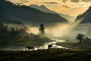 hästar i bergen dimmig morgon. hög upplösning. ai generativ foto
