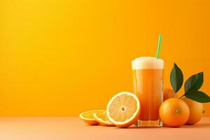 frukt juice på ett orange bakgrund, ai genererad foto