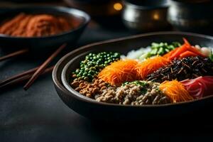 de kamera är få närmare till visa en gott och populär koreanska maträtt kallad bibimbap ibland, den kan vara svår till förstå Vad är happening Bakom något ai genererad foto