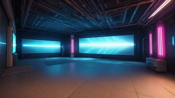 cyberpunk sci fi produkt podium monter i tömma rymdskepp rum med blå och rosa bakgrund. ai genererad foto