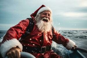 fiskare i ny år klädsel fångst fisk på festlig båt resa isolerat på en vit bakgrund foto